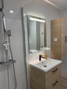 a bathroom with a sink and a mirror at Beautiful river view studio in Mandelieu-La Napoule +26 photos