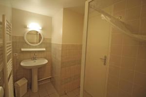 a bathroom with a sink and a mirror and a shower at Gîte Les Ribières - gîte n°12 in Les Cars +15 photos