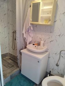 a bathroom with a white sink and a toilet at Camping malul marii Corbu in Corbu