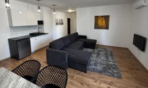 a living room with a couch and a kitchen at CITY Apartman in Balatonföldvár