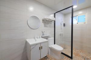 un bagno con un water, un lavandino e uno specchio di Rice B&B a Chishang