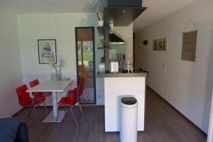 a kitchen and dining room with a table and red chairs at Amelander Kaap 101 in Hollum