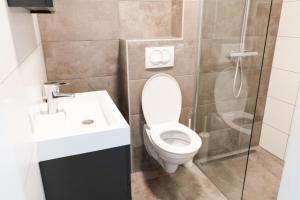 Un baño con inodoro, ducha y lavabo. en Strand166, en Egmond aan Zee 8 fotos más