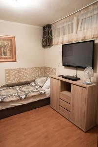une chambre avec un lit et une télévision à écran plat dans l'établissement BALA Resort Apartman, à Siófok