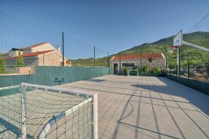 una cancha de baloncesto con una valla y un aro de baloncesto en Villa Lovorika - Padel, Cageball, Basketball & Heated Pool, en Trnbusi
