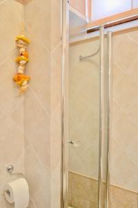 a shower with a glass door and a roll of toilet paper at Bilocali Perseo in Marina di Bibbona