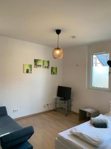 a living room with a couch and a television at Forchheim City-Zentral-Balkon in Forchheim