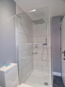 a white bathroom with a shower with a toilet at Yea Big Wing in Coleorton