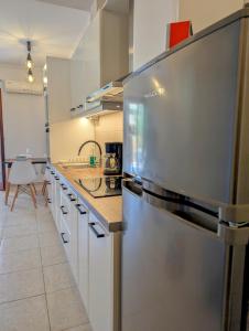 een keuken met een grote roestvrijstalen koelkast bij Kanoni green house in Corfu-stad +7 foto's