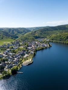 an aerial view of a small town on a lake at Appartement am Hostertberg 1 in Simmerath +3 photos