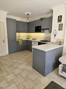 フェティエにあるCloud Villa Olu Denizのタイルフロアのキッチン(グレーのキャビネット付)