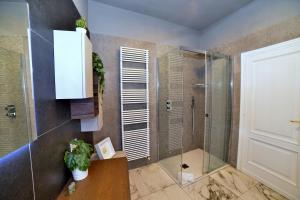 une salle de bain avec une douche avec une porte vitrée dans l'établissement Suite Scacco Terrazza Vista Torre degli Sciri, à Pérouse