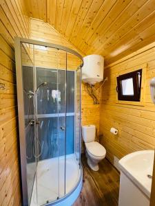 a bathroom with a shower and a toilet at Domki Korsarz Gaski in Gąski +20 photos