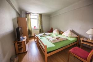 a small room with two beds and a television at Hotel Schwan in Eschweiler