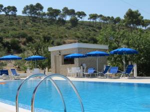 Hotel Residence Villa Ascoli في فييستي: حمام سباحة مع كراسي زرقاء ومظلات