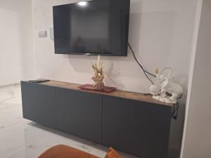 a black cabinet with a television on a wall at SD apartman - Trn in Trn