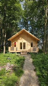 a small cabin in the middle of a forest at Zagroda Zabłocie Domek Komfort in Zabłocie