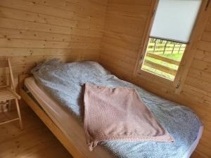 a bed in a wooden room with a window at Zagroda Zabłocie Domek Między Drzewami in Zabłocie