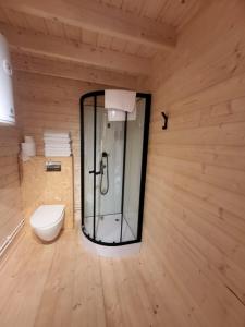 a bathroom with a shower and a toilet in a room at Zagroda Zabłocie Domek Komfort in Zabłocie +7 photos