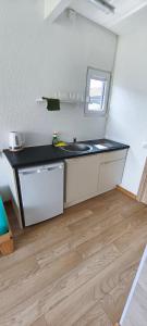 a bathroom with a sink and a mirror at Audronašų Vilų Nameliai in Šventoji