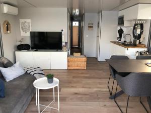 TV a/nebo společenská místnost v ubytování Hausboot Fjord Nordstern mit Dachterrasse in Schleswig