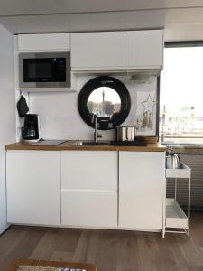 Hausboot Fjord Nordstern mit Dachterrasse in Schleswig的厨房或小厨房