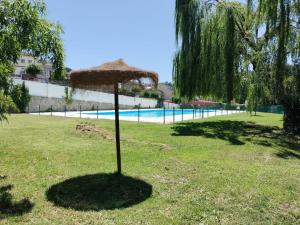 a straw umbrella in the grass near a swimming pool at El sueño de la pintora, al lado de las piscinas in Arenas de San Pedro