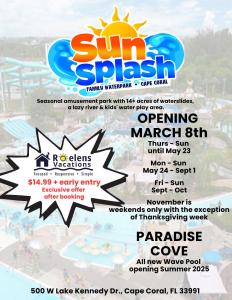 un folleto para el evento del parque acuático Sun splash en Fun and Magical Beach Escape - Amazing Beach Condo - Roelens, en Fort Myers Beach