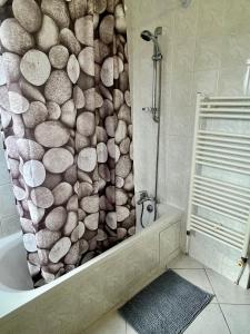 a bathroom with a shower with a wall of logs at Gîtes de la Mouette L'Estran 8 à 9 personnes in Ravenoville +14 photos