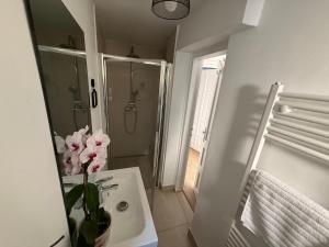 a bathroom with a shower and a sink with a vase of flowers at Sweet-Bombon Sibiu in Sibiu