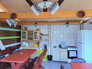 a small kitchen with a table and a refrigerator at Casa Gabriela in Vama Veche