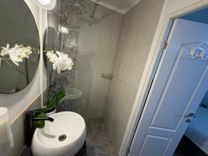 een badkamer met een wastafel, een toilet en een spiegel bij Candy-Bombon Sibiu in Sibiu