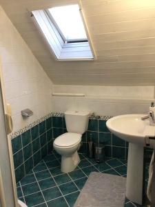 Un baño con inodoro, lavabo y tragaluz. en Holiday home in Balatonboglar 49936, en Balatonboglár