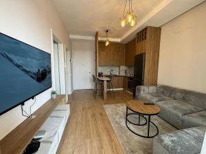 ティラナにあるTirana Center Boulevard Apartmentのソファとテーブルのあるリビングルーム