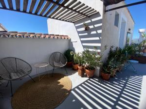 a patio with chairs and potted plants on a wall at Ronda Hotel Polo in Ronda