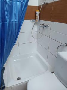 Un baño con ducha, inodoro y lavabo. en Costa Calma Ferienhaus 9 Pers Ostsee, en Międzyzdroje
