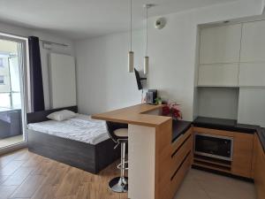 a kitchen with a sink and a bed in a room at Apartament Golden Flight in Warsaw