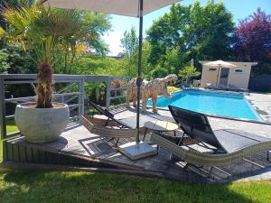 a patio with chairs and a dinosaur statue next to a pool at Waldzauber Appartement in Horhausen