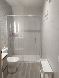 a white bathroom with a shower and a toilet at Castralvo Suites in Teruel