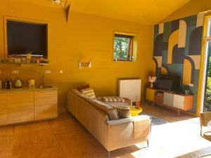 a living room with a couch and a tv at Assen-Groningen-Saunacabine in Vries +56 photos