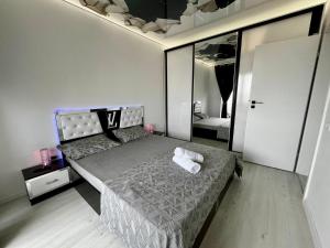 a bedroom with a bed and a mirror at Ilie Petre Luxury Suites in Chiajna