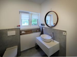 a bathroom with a sink and a mirror at Ferienwohnung am Park in Neustadt an der Weinstraße