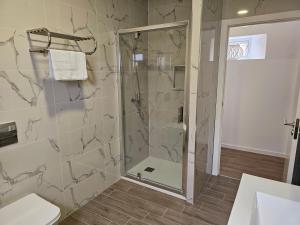 a bathroom with a shower and a toilet at Curtido House in Aveiro +9 photos