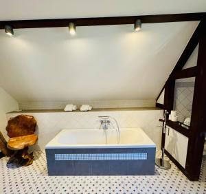 a bathroom with a bath tub in a room at Fewo Luzin 2-5 Pers - Luxus, Steg, Boot in Rothehaus +24 photos
