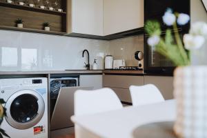 a kitchen with a washing machine in a kitchen at Central 1BR Near Piața Centrală & Bus Station in Chişinău