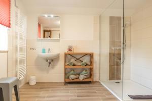 a bathroom with a sink and a shower at Ferienwohnung Hochwald in Hörnitz +13 photos