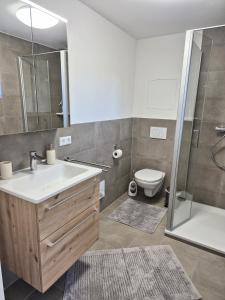 a bathroom with a sink and a toilet and a shower at Ferienwohnung Ankerplatz in Schluchsee +15 photos