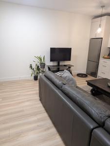 a living room with a leather couch and a flat screen tv at Delux 2 bedroom suite in White Rock +4 photos