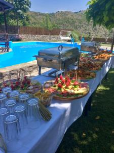 a buffet of food on a table next to a pool at Vila Nika in Veles