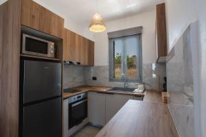 a kitchen with a black refrigerator and a sink at Filia Skyros Suites in Skiros